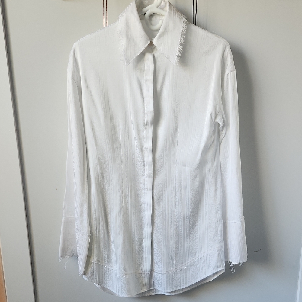 Acne Ivory Textured Blouse with Frayed Details